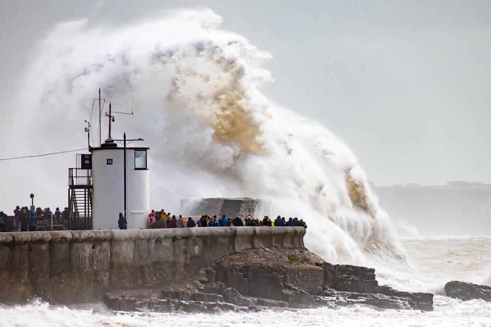 Waves crash against the harbour wall on August 25, 2020 in Porthcawl, Wales. The Met Office have issued a yellow weather warning for wind and rain with gusts of 65mph possible inland and 70mph or more possible around coastal areas as Storm Francis passes over the UK. The storm is the second named storm in August and follows Storm Ellen last week