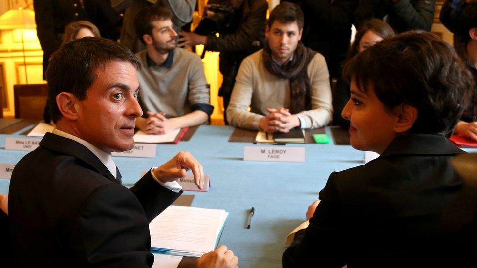 French Prime Minister Manuel Valls (left) meeting student and other youth leaders, 11 Apr 16