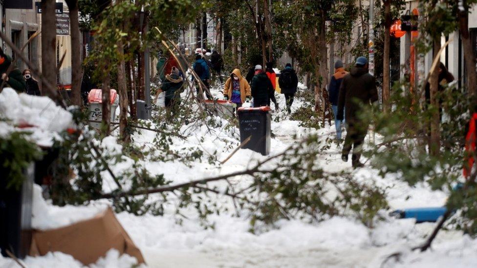 People walk through the snow and among fallen branches in Madrid, Spain January 10