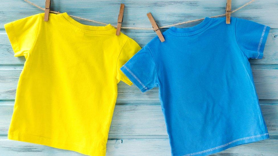 Coloured T shirts on a washing line.