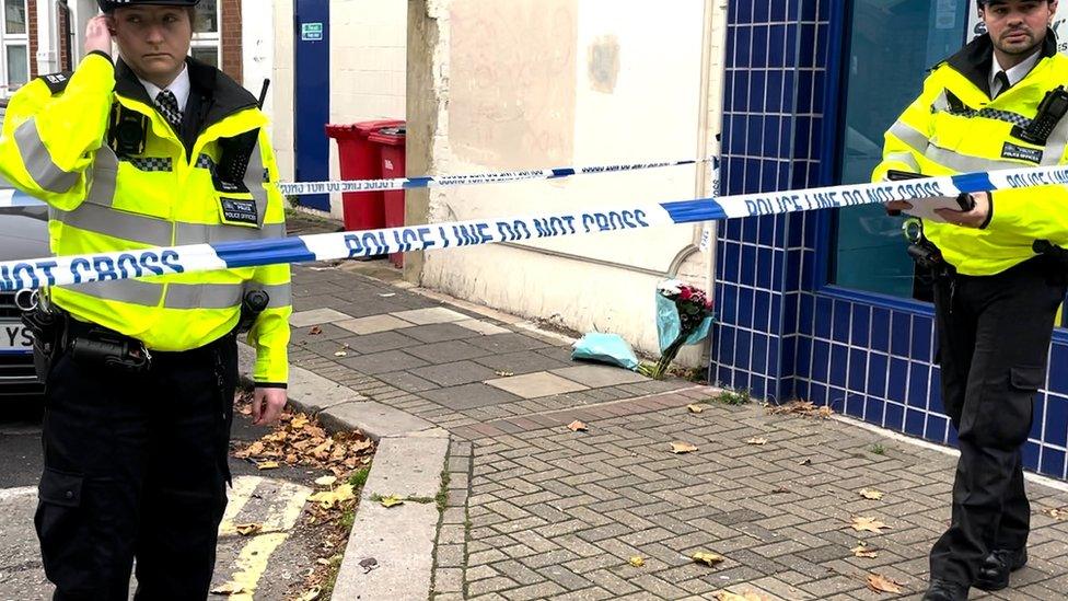 Police at the scene in Albany Parade in Brentford