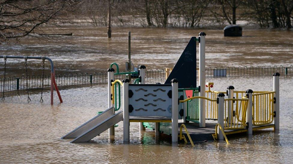 A children"s playground submerged by floodwater after the River Severn burst its banks at Bewdley in Worcestershire.