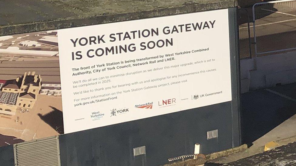 Sign in front of York train station about construction work