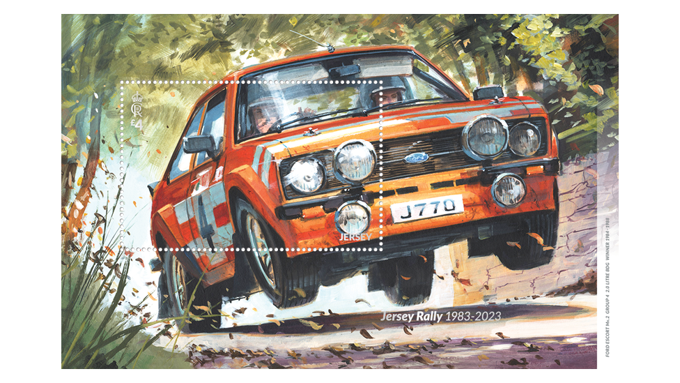 Miniature sheet depicting the Ford Escort driven by Dave Carrel