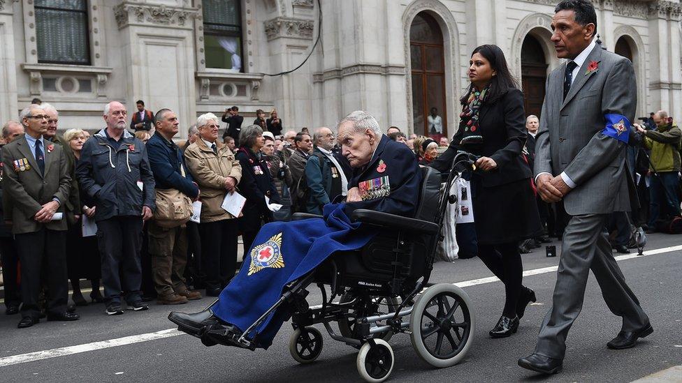 A World War Two veteran at the Cenotaph in Whitehall