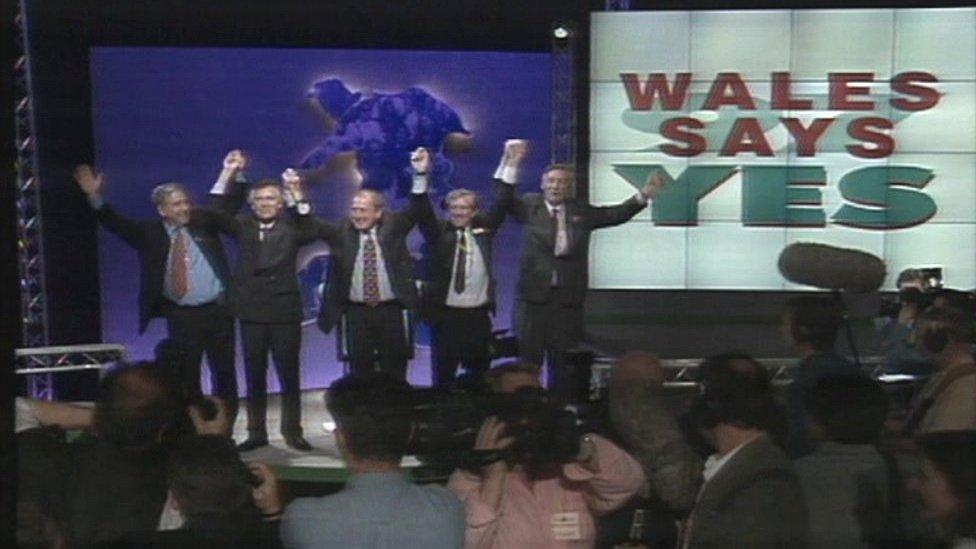 Politicians celebrate the 1997 Wales referendum result