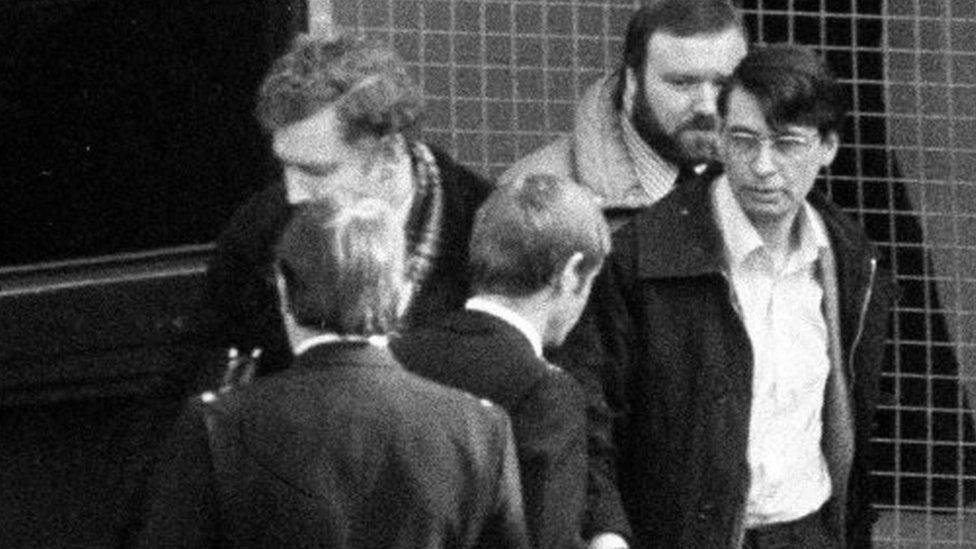 Dennis Nilsen (wearing glasses) leaving Highgate Magistrates Court in 1983