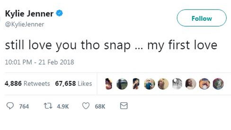 A tweet from Kylie Jenner saying snap is her "first love"