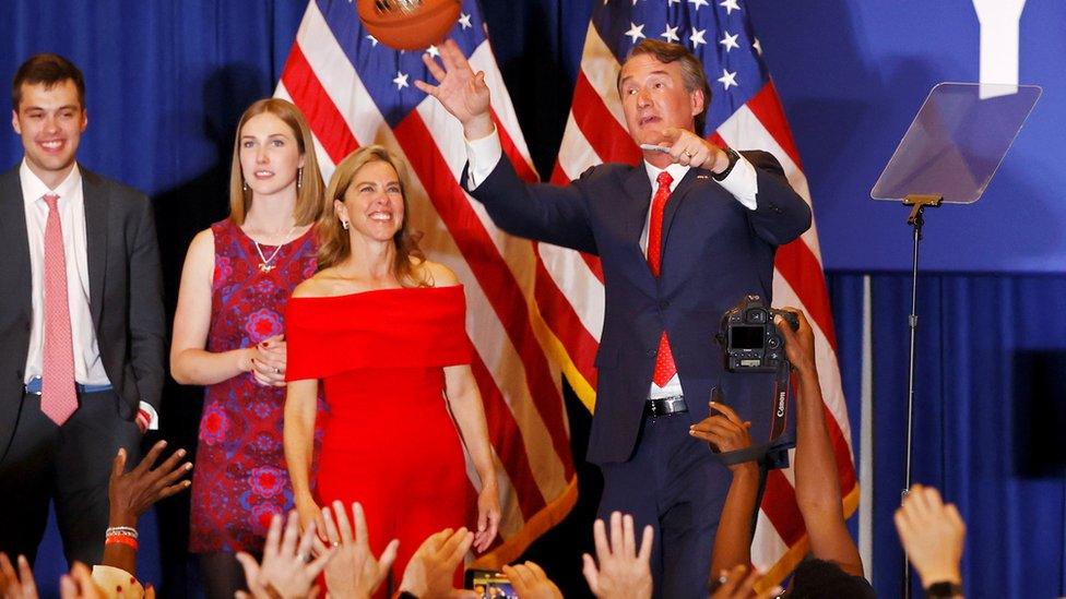 Glenn Youngkin celebrates with his family in Chantilly, Virginia, 3 November