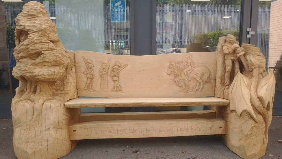 A carved bench