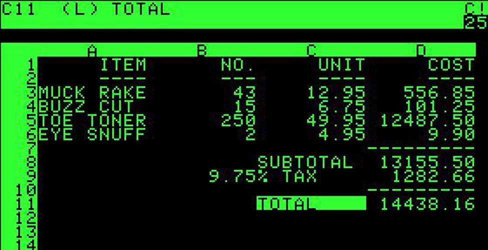 VisiCalc spreadsheet display