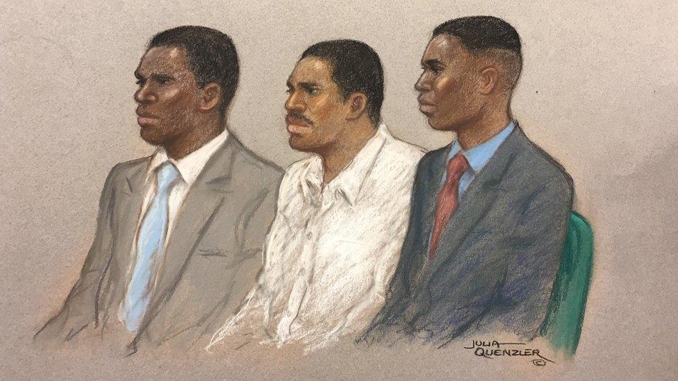Court drawing of Merse Dikanda, Jonathan Okigbo and George Koh appearing at the Old Bailey