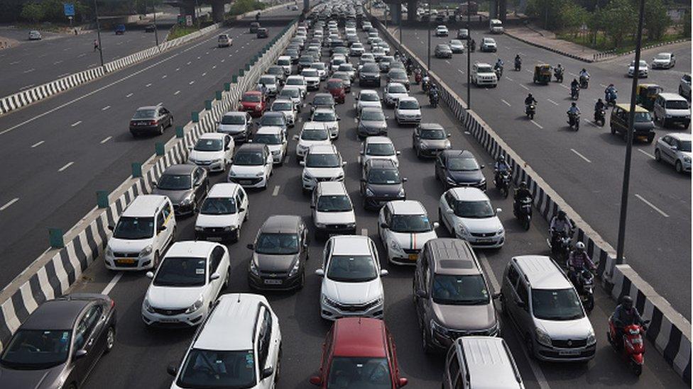 A view of the massive traffic jam near Akshardham Temple, on Delhi-Meerut Expressway in wake of ongoing protest against Agnipath Scheme at Jantar Mantar, on June 20, 2022 in New Delhi, India.