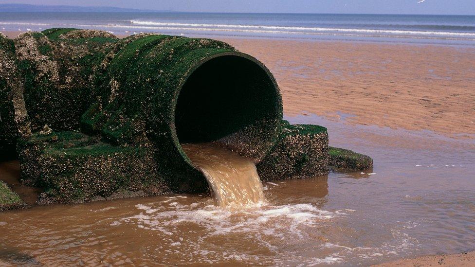 An outlet pipe discharging sewage onto a North sea beach