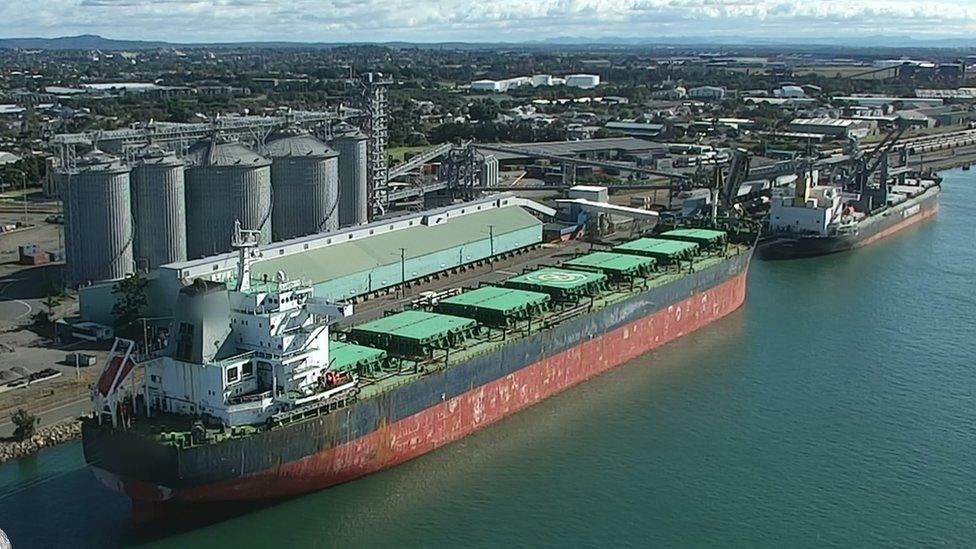 The cargo carrier at port in Newcastle, NSW