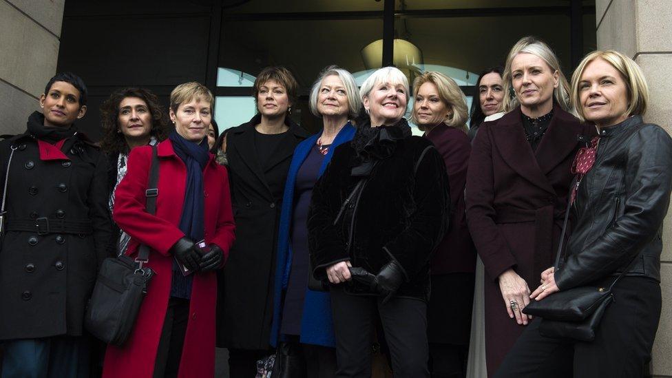 BBC presenters including Mariella Frostrup (R), Kate Adie (C), Kate Silverton (C-L) and Naga Munchetty (L)