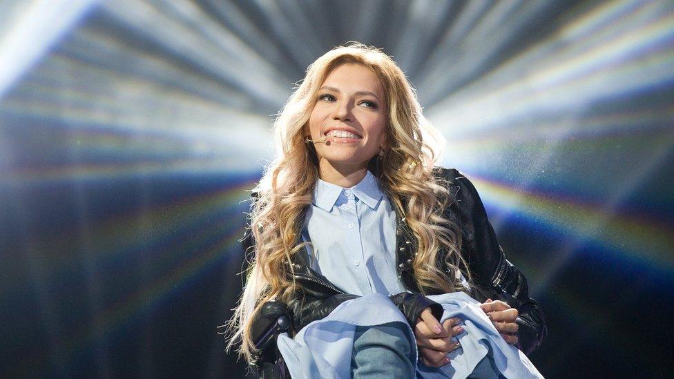 A handout photo dated 11 March 2017 and made available 22 March 2017 by press service of Russian TV Channel 1 shows Russian singer, composer and songwriter Julia Samoylova (Samoilova) who was to represent Russia with the song "Flame Is Burning" in the 2017 Eurovision Song Contest in Kiev, Ukraine