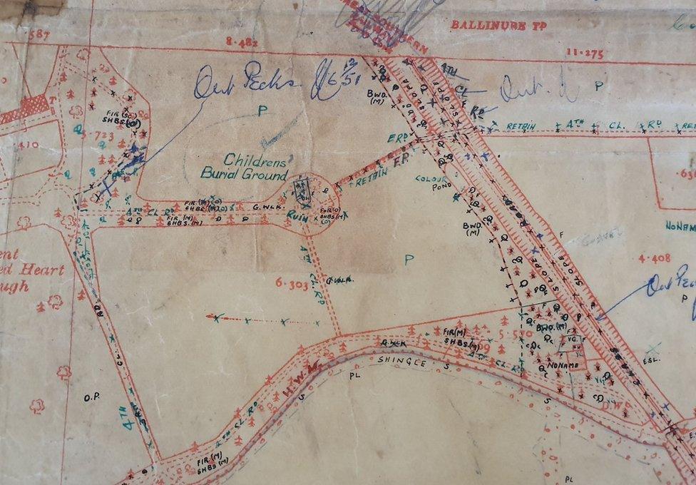 Old map containing a reference to a "children's burial ground" on the Bessborogh site