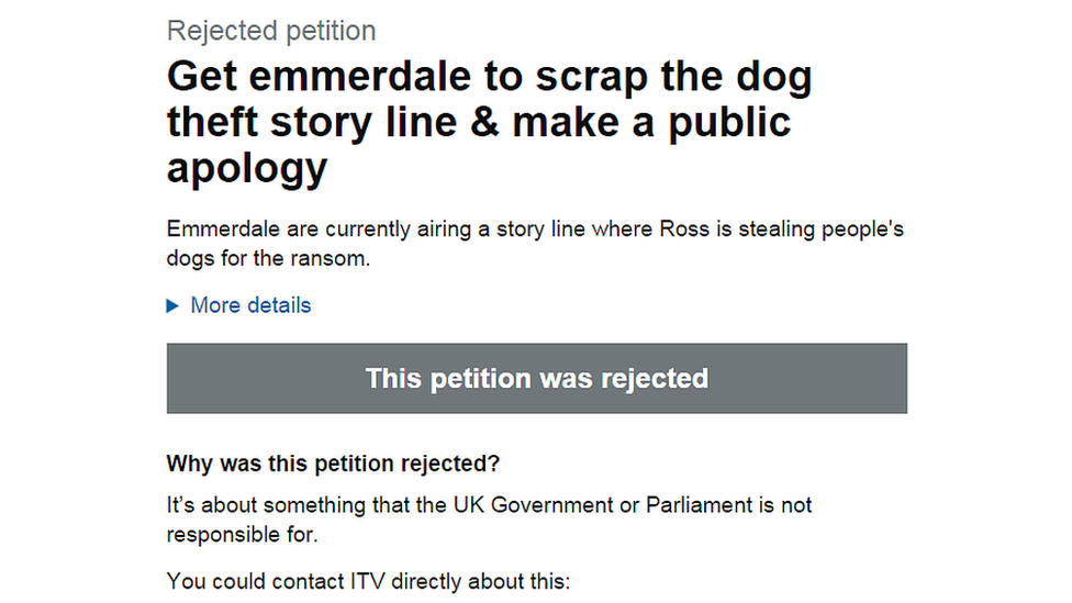 A petition asking for the programme Emmerdale to apologise which says "Emmerdale are currently airing a story line where Ross is stealing people's dogs for the ransom."