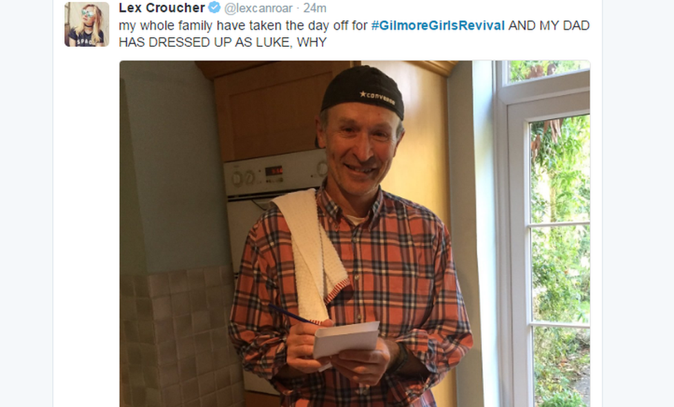 Tweet reading: My whole family have taken the day off for Gilmore Girls Revival AND MY DAD HAS DRESSED UP AS LUKE, WHY