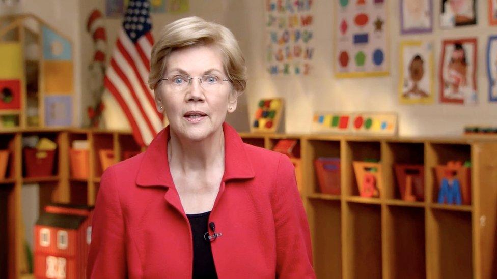 Elizabeth Warren speaking from an empty classroom