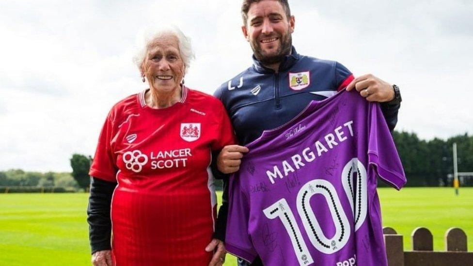 Bristol City manager Lee Johnson with veteran supporter Margaret Dodds