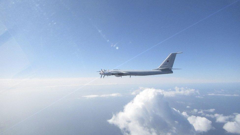 A Russian Bear F aircraft, one of two Russian aircraft the Eurofighter Typhoon has been sent to intercept off the Scottish Coast from Leuchars Station