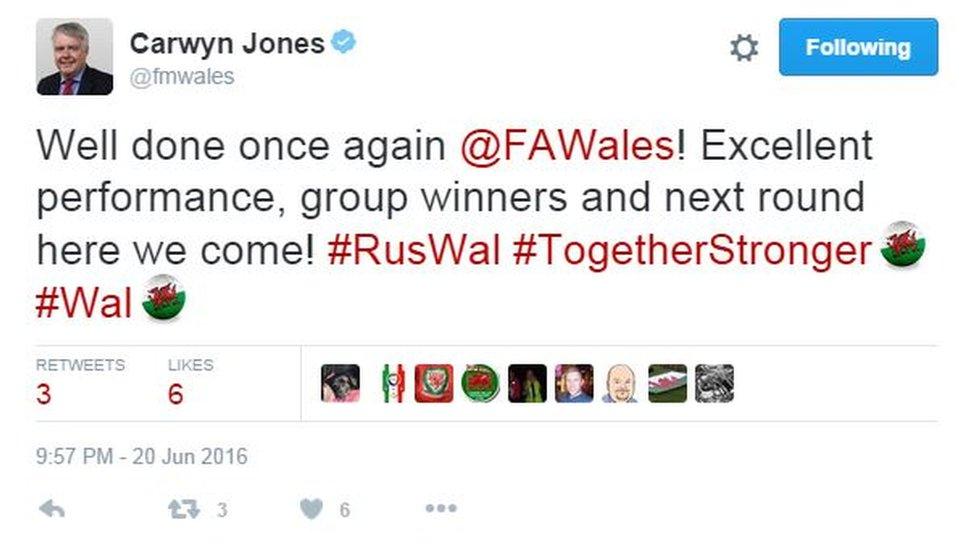 Carwyn Jones tweets: Well done once again @FAWales! Excellent performance, group winners and next round here we come! #RusWal #TogetherStronger #Wal