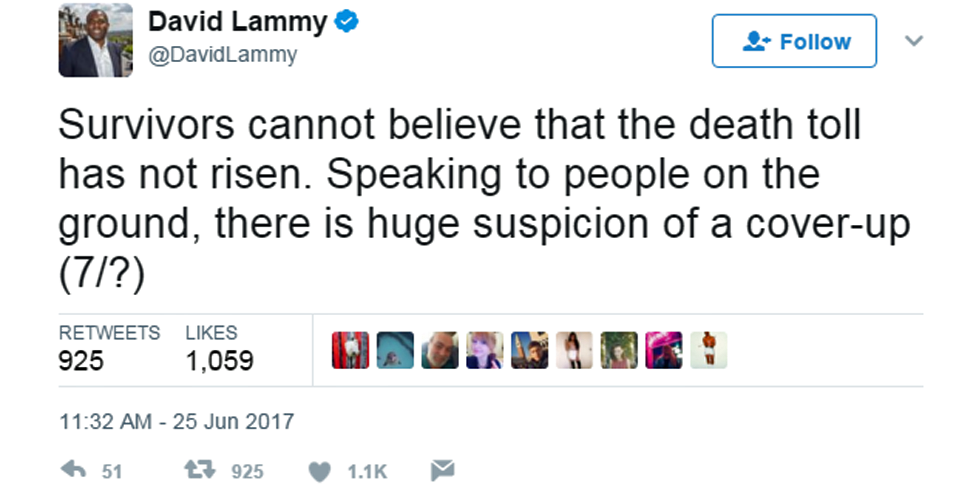 David Lammy tweets: "Survivors cannot believe that the death toll has not risen. Speaking to people on the ground, there is huge suspicion of a cover-up"