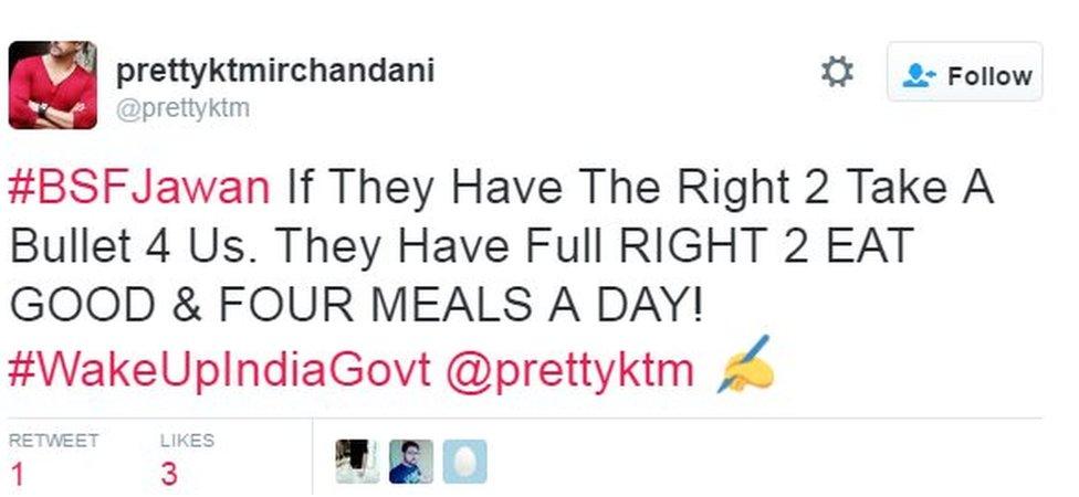 #BSFJawan If They Have The Right 2 Take A Bullet 4 Us. They Have Full RIGHT 2 EAT GOOD & FOUR MEALS A DAY! #WakeUpIndiaGovt @prettyktm ✍️