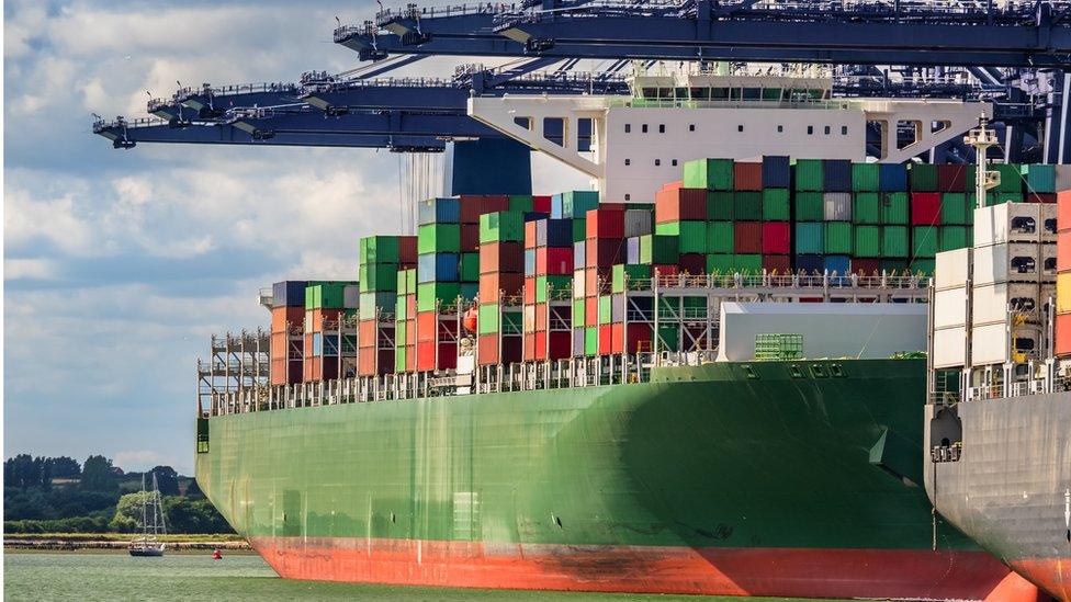 A container ship in the port of Felixtowe