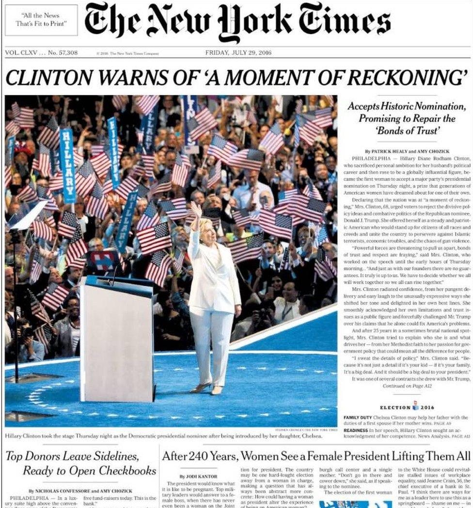 New York Times front page shows Hillary Clinton