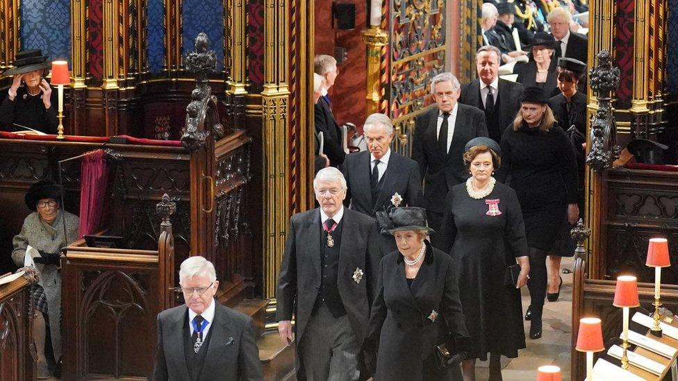 Former prime ministers John Major, Tony Blair, David Cameron and Boris Johnson arrive