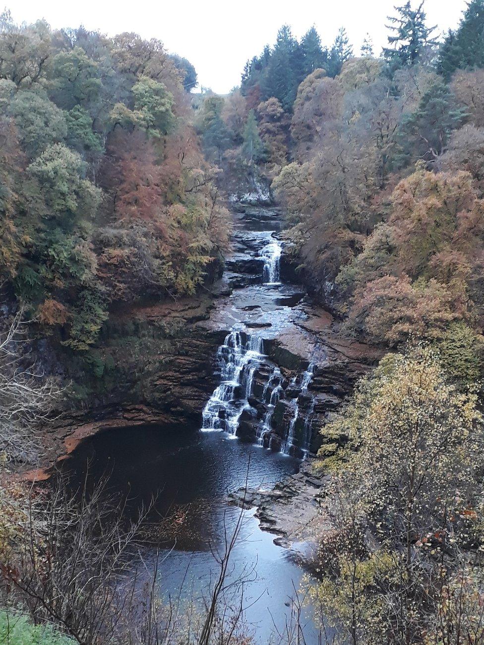 Autumnal colours in all its glory when walking with friends pausing at the Cores Linn waterfall- looking a bit tame due to recent dry weather