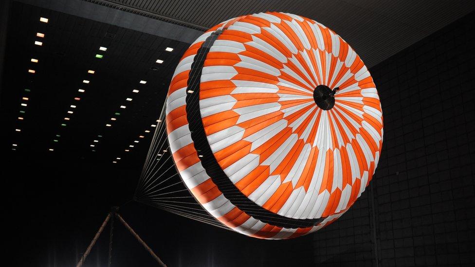 Parachute being tested in wind tunnel