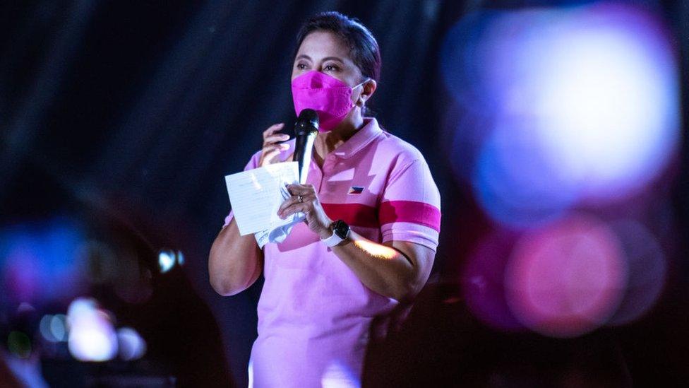 Philippines vice president Leni Robredo addresses the crowd as workers, activists, and other sectoral groups gathered to mark International Labor Day and to show their support to her bid for presidency, on May 1, 2022 in Manila, Philippines.