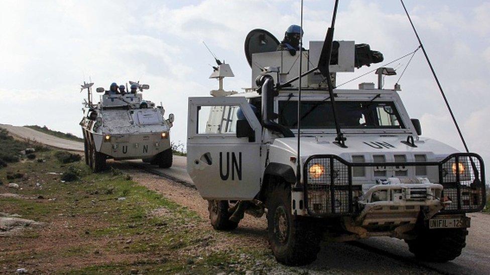 United Nations Interim Forces in Lebanon (UNIFIL) patrol the area around the southern Lebanese town of Kfar Kila on the border with Israel