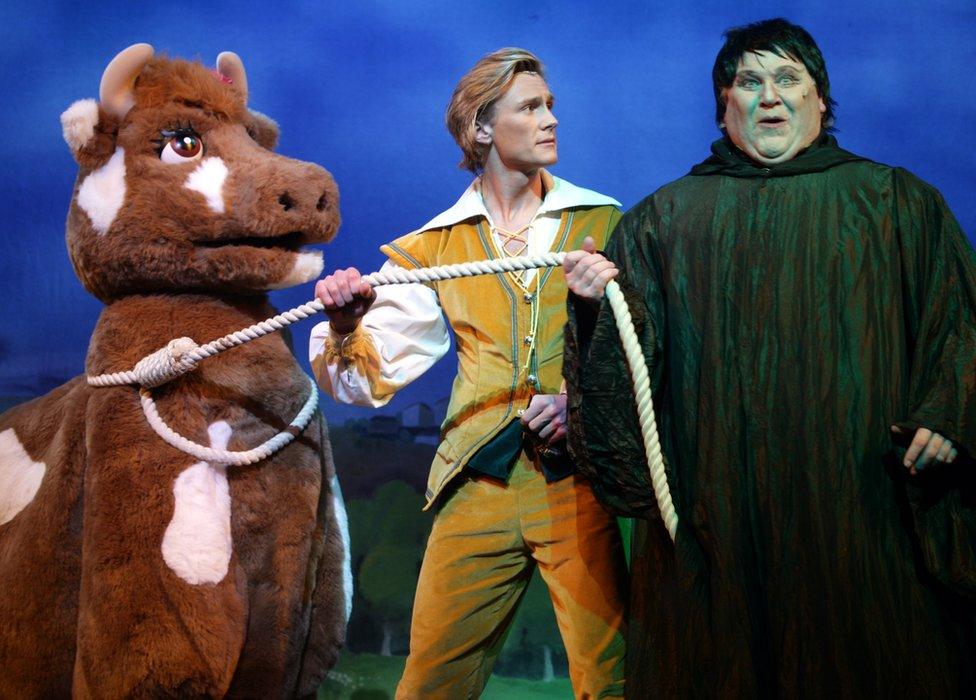 Lewis Bradley as Jack and Colin Baker as Fleshcreep perform during the traditional pantomime Jack and the Beanstalk on stage at the Theatre Royal Bath on December 20 2008