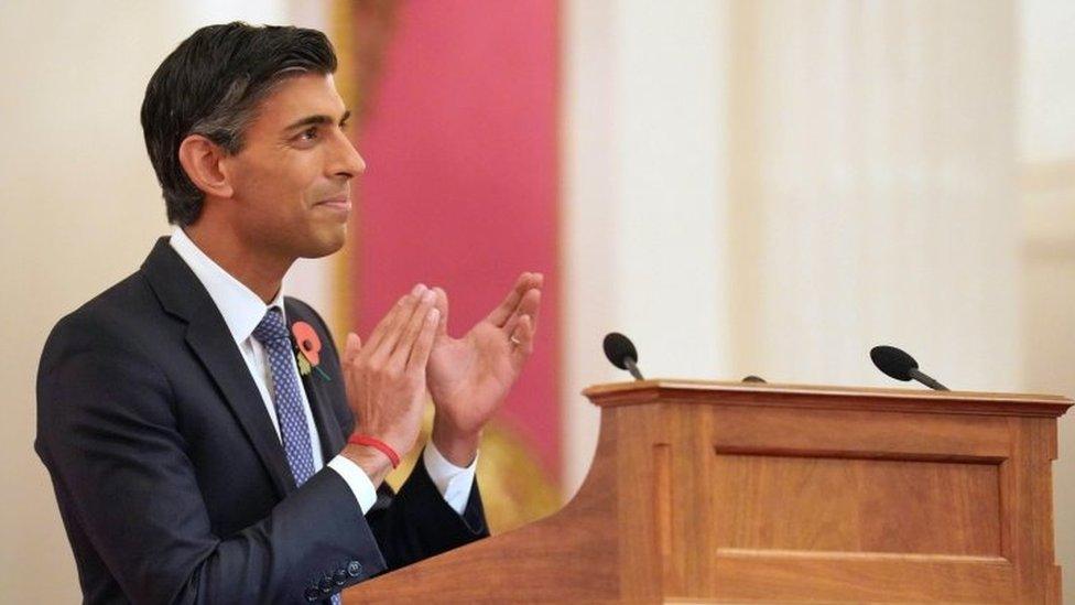 Prime Minister Rishi Sunak delivers a speech during a reception for world leaders at Buckingham Palace