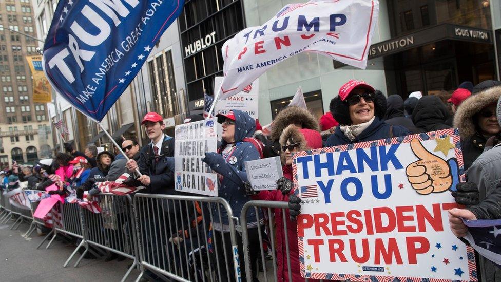 Supporters of President Donald Trump take part in a March 4 Trump rally on Fifth Avenue near Trump tower