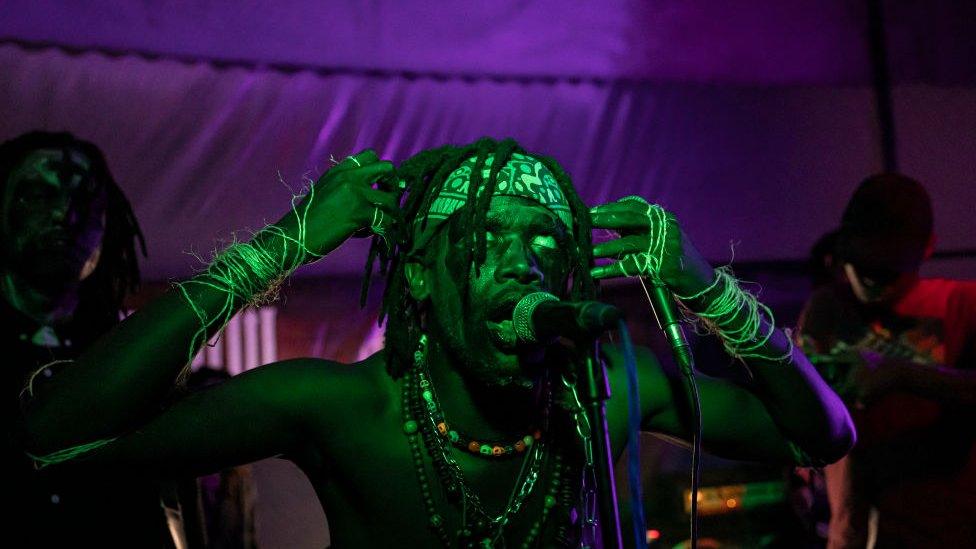 The singer of the black metal band Chovu performs during the Undertow concert held in Nairobi on March 16, 2024.