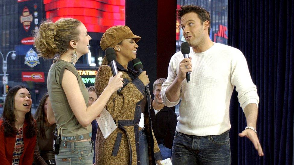 Ben Affleck appears with VJs Hilarie Burton and La La on TRL