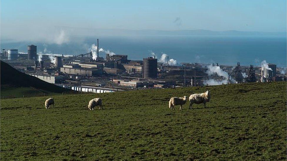 A general view of the Tata Steel plant from the hills overlooking Port Talbot