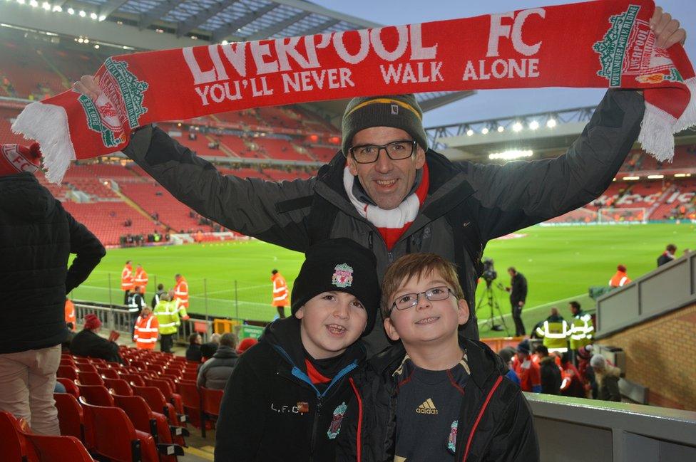 Irfon Williams with his two sons at a Liverpool football match