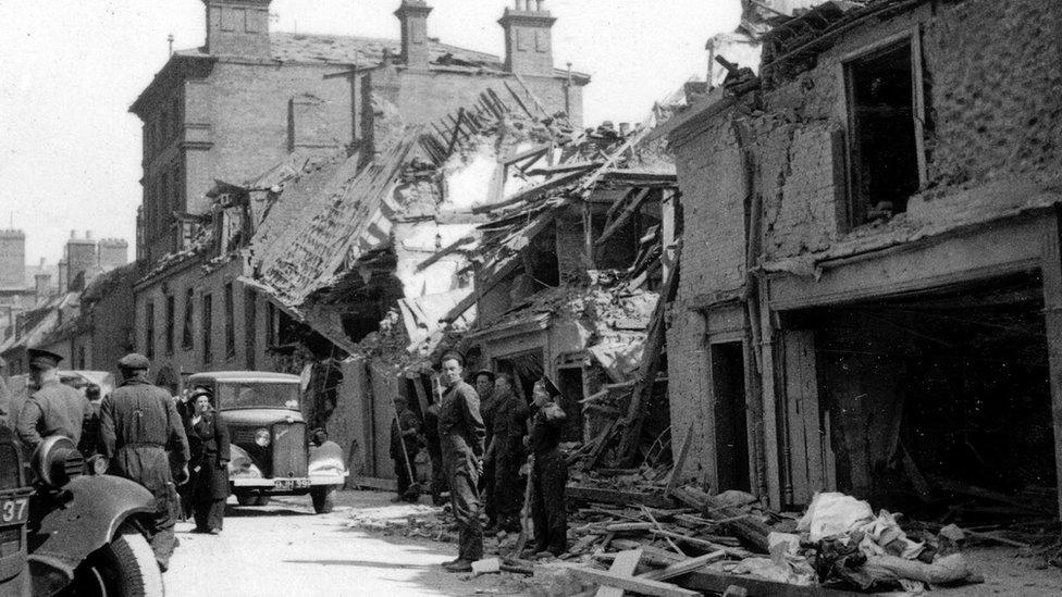 Aftermath of the air raid on the top end of Lowestoft High Street, 12 May 1943.