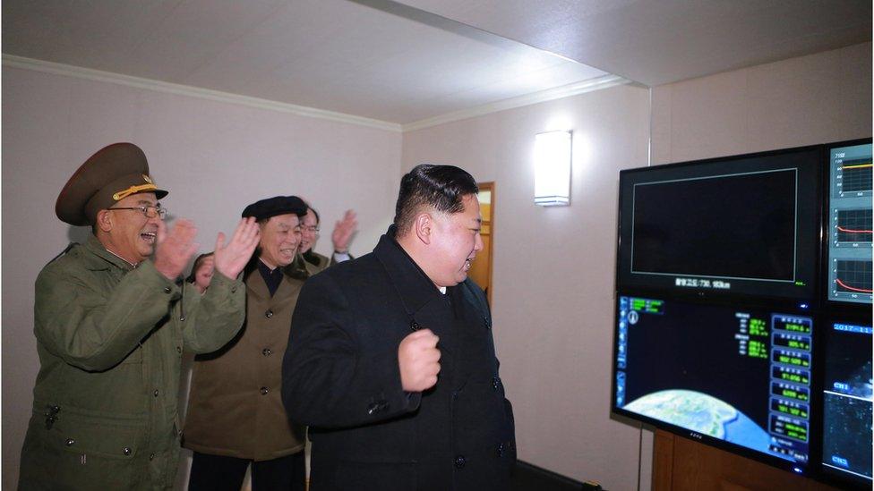 North Korea's leader, Kim Jong-un, watches he missile launch on 29 November