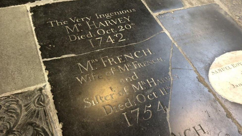 Ms French grave stone in Bath Abbey