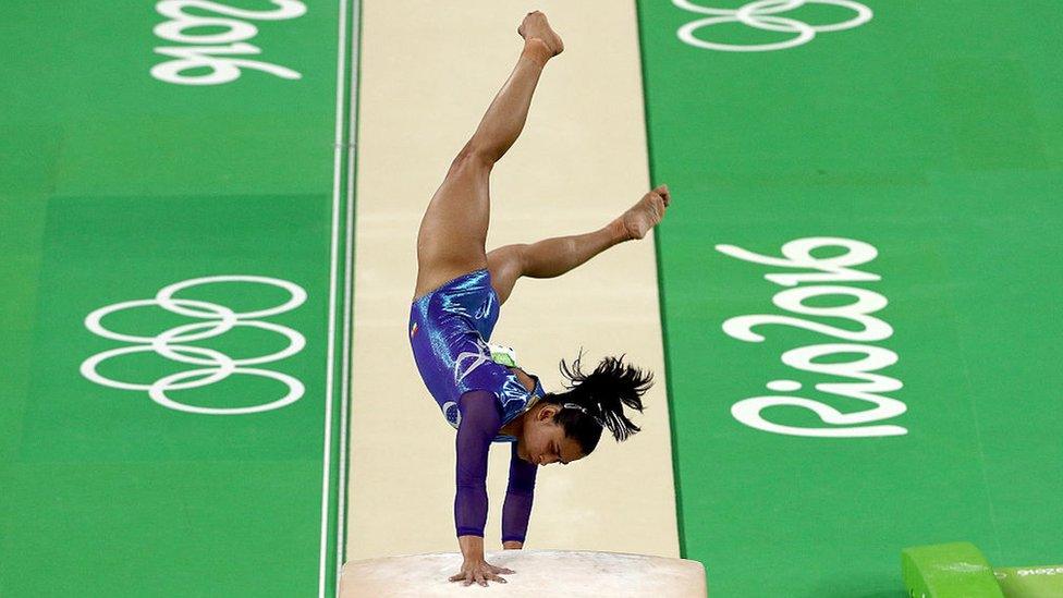 Dipa Karmakar of India falls while competing in the Women's Vault Final on Day 9 of the Rio 2016 Olympic Games