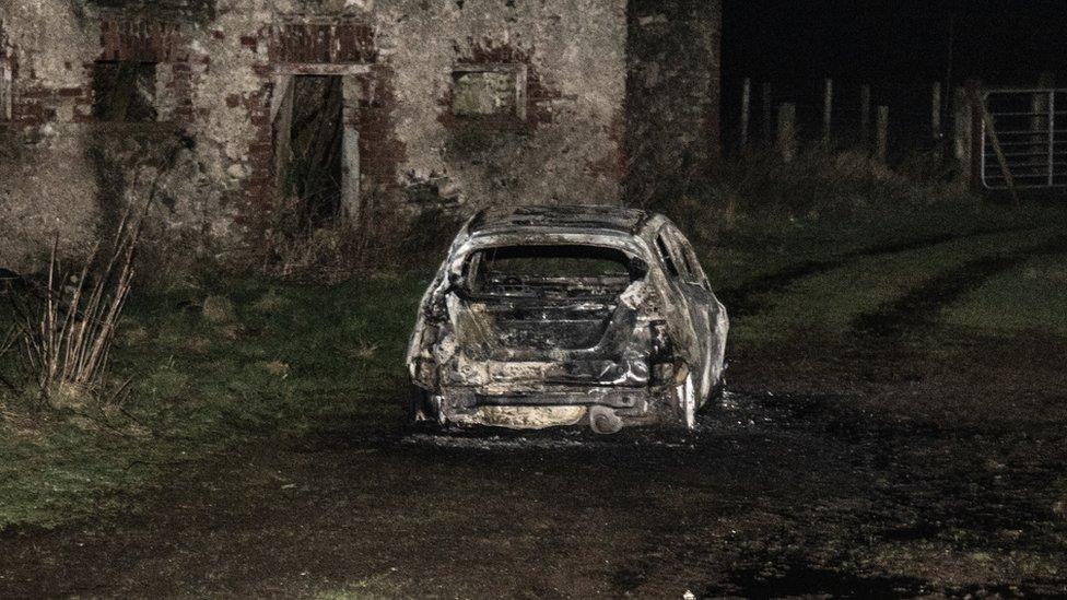 A burnt-out car at Racolpa Road outside Omagh