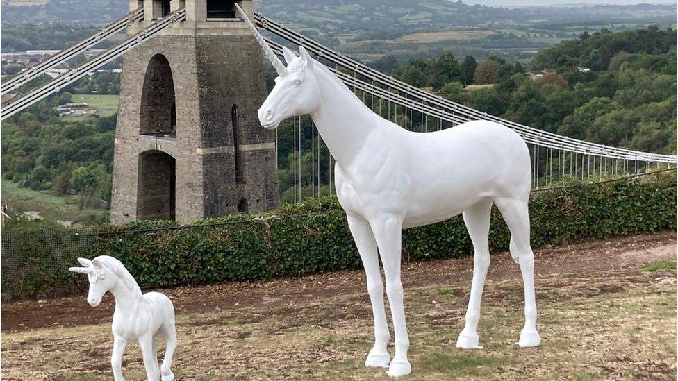 Un-painted unicorns in front of the Clifton suspension bridge